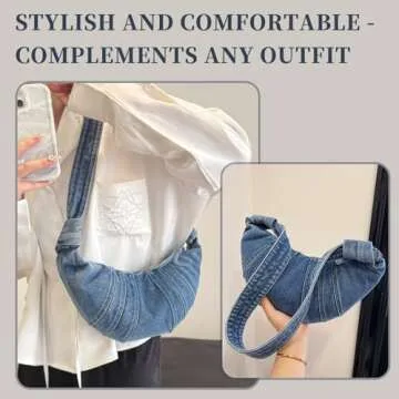 Shoulder Bag for Women, Small Purse with Unique Pleated Design, Denim Crescent Bag