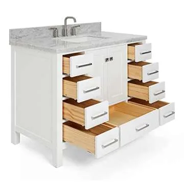 ARIEL Cambridge 43 Inch Bathroom Vanity with Single Sink, White Bathroom Vanity, Solid Wood Vanity Cabinet,1.5" Edge Carrara Marble Top, Rectangular Undermount Sink, 2 Soft Closing Doors, 9 Drawers