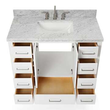 ARIEL Cambridge 43 Inch Bathroom Vanity with Single Sink, White Bathroom Vanity, Solid Wood Vanity Cabinet,1.5" Edge Carrara Marble Top, Rectangular Undermount Sink, 2 Soft Closing Doors, 9 Drawers