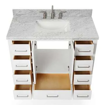 ARIEL Cambridge 43 Inch Bathroom Vanity with Single Sink, White Bathroom Vanity, Solid Wood Vanity Cabinet,1.5" Edge Carrara Marble Top, Rectangular Undermount Sink, 2 Soft Closing Doors, 9 Drawers