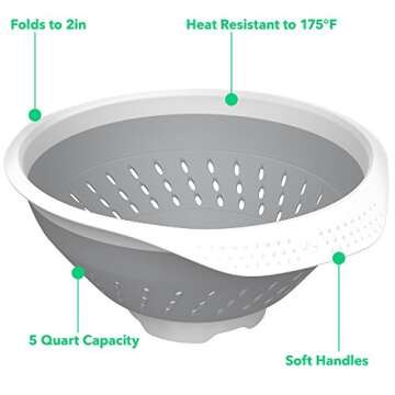 Vremi 5 Quart Collapsible Colander - BPA Free Silicone Food Strainer with Handles - Heavy Duty Foldable and Heat Resistant Kitchen Drainer Steam Basket for Pasta and Veggies - Dishwasher Safe - Gray
