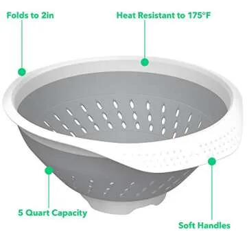 Vremi 5 Quart Collapsible Colander - BPA Free Silicone Food Strainer with Handles - Heavy Duty Foldable and Heat Resistant Kitchen Drainer Steam Basket for Pasta and Veggies - Dishwasher Safe - Gray