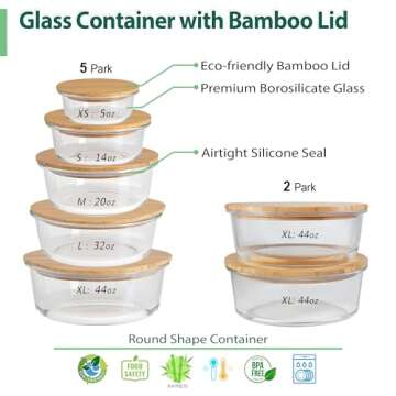 Urban Green Glass Food Container with Bamboo Lid, Glass food storage Containers with Lids, Glass Mea...