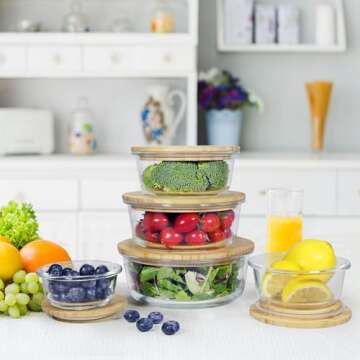 Urban Green Glass Food Container with Bamboo Lid, Glass food storage Containers with Lids, Glass Meal Prep Containers Set, Glass Food Containers set (Bamboo Lid of 5 Pack)