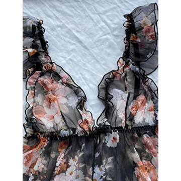 Verdusa Women's 2 Piece Floral Print Mesh Ruffled Peplum Cami Top and Shorts Pajama Sets Black L
