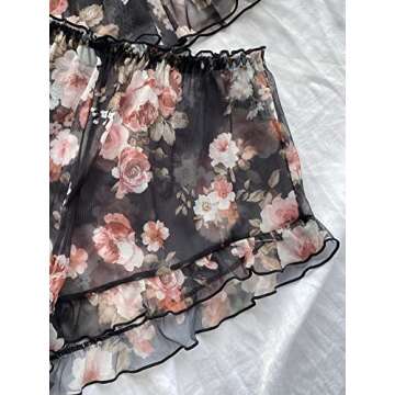 Verdusa Women's 2 Piece Floral Print Mesh Ruffled Peplum Cami Top and Shorts Pajama Sets Black L