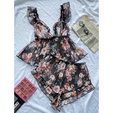 Verdusa Women's 2 Piece Floral Print Mesh Ruffled Peplum Cami Top and Shorts Pajama Sets Black L
