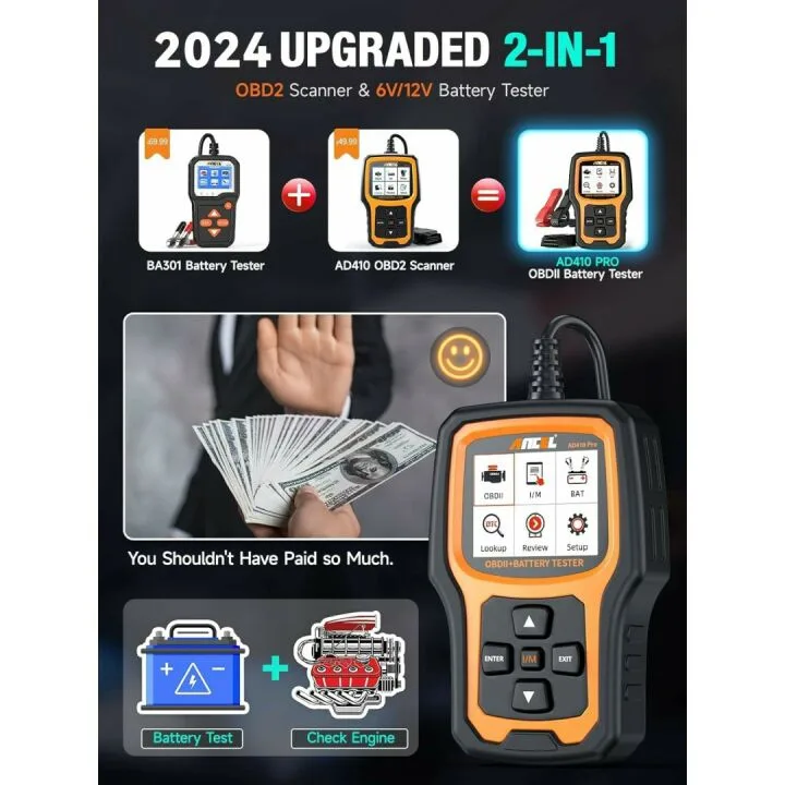 ANCEL AD410 Pro+ OBD2 Scanner & Battery Tester