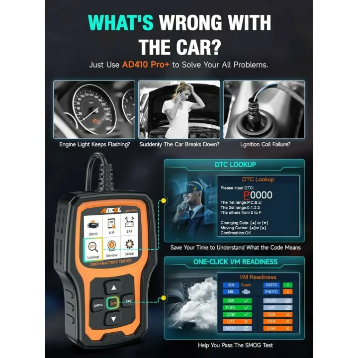 ANCEL AD410 Pro+ OBD2 Scanner & Battery Tester