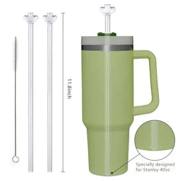 BABORUI Anti Wrinkle Straw for Stanley Cup 40oz, 2pcs Reusable Glass Anti Lip Wrinkle Straw with Cleaning Brush, Anti Wrinkle Drinking Straw Cup Accessories for Stanley No Extension Required