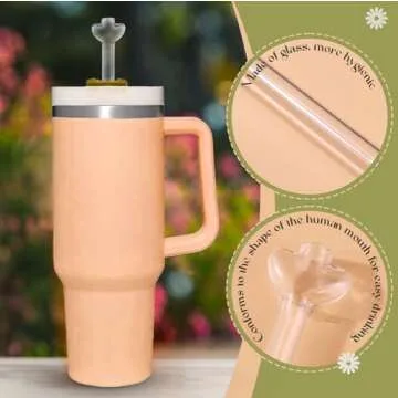 BABORUI Anti Wrinkle Straw for Stanley Cup 40oz, 2pcs Reusable Glass Anti Lip Wrinkle Straw with Cleaning Brush, Anti Wrinkle Drinking Straw Cup Accessories for Stanley No Extension Required