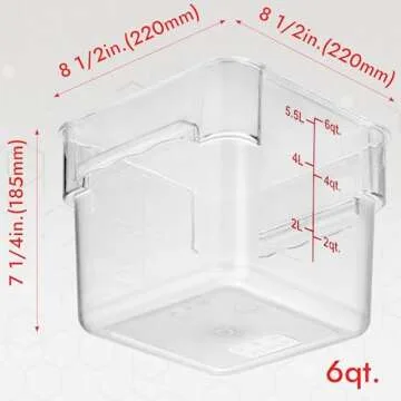 CURTA 4 Pack Food Storage Container with Red Lid - NSF Commercial Grade in 6.0 Qt - Square, Clear, P...