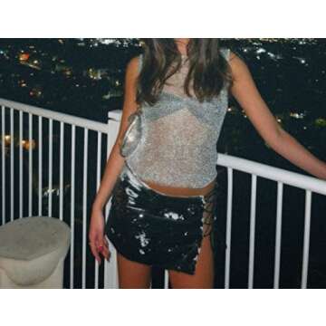 Meladyan Women's Sexy Fishnet Knit Glittering Crop Tank Going Out Top Sheer Mesh Sleeveless Crewneck Solid Slim Cropped, Silver, Large