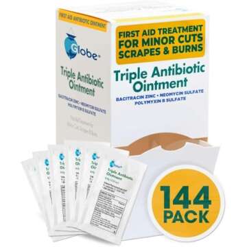 Globe (144 Pack) Triple Antibiotic Ointment 0.9g Single Packet, First Aid Kit for Minor Scratches, Wounds, Cuts and Burns, Prevents Infection Active Ingredients Compare to Leading Brand, Travel Size
