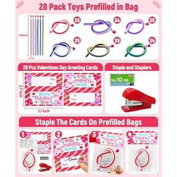 28 Pack Valentines Day Cards with Bendy Pencils Prefilled Goodie Bags Valentines Day Gifts for Kids ...