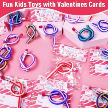 28 Pack Valentines Day Cards with Bendy Pencils Prefilled Goodie Bags Valentines Day Gifts for Kids Classroom Exchange Gifts Bendy Pencils with Eraser School Prize Boys Girl Valentines Party Favors