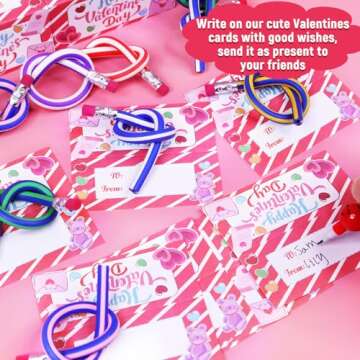28 Pack Valentines Day Cards with Bendy Pencils Prefilled Goodie Bags Valentines Day Gifts for Kids Classroom Exchange Gifts Bendy Pencils with Eraser School Prize Boys Girl Valentines Party Favors