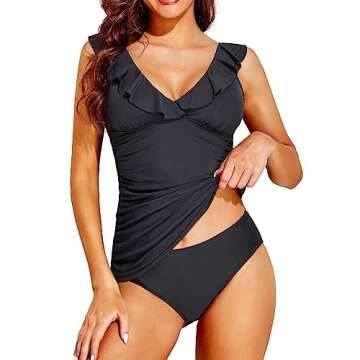 Holipick Black Two Piece Tankini Swimsuits for Women Tummy Control Bathing Suit Ruffle V Neck Tankini Top with Bikini Bottom M