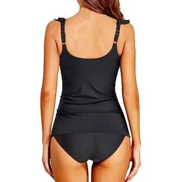 Holipick Black Two Piece Tankini Swimsuits for Women Tummy Control Bathing Suit Ruffle V Neck Tankini Top with Bikini Bottom M