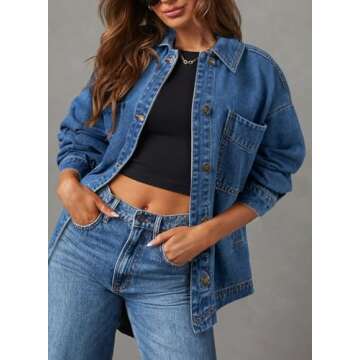 Sidefeel Women's Jean Jacket Oversized Boyfriend Button Up Long Sleeve Denim Jackets Blue Medium