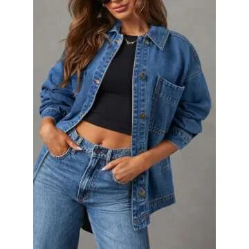 Sidefeel Women's Jean Jacket Oversized Boyfriend Button Up Long Sleeve Denim Jackets Blue Medium