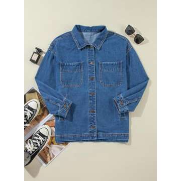 Sidefeel Women's Jean Jacket Oversized Boyfriend Button Up Long Sleeve Denim Jackets Blue Medium