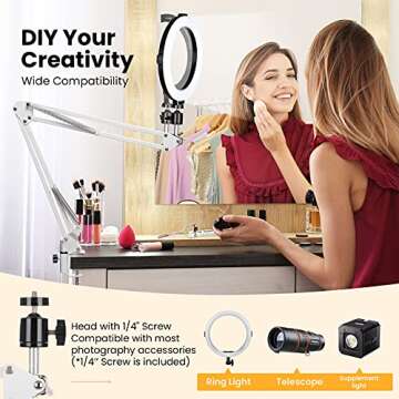 TARION Overhead Video Stand Desk Phone Mount Stand Articulating Arm Flexible Cell Phone Holder Arm for Overhead Video Filming Livestream Flat Photography Videography White