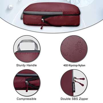 BAGAIL 5 Set/6 Set Ultralight Compression Packing Cubes Travel Accessories Expandable Packing Organizers(Burgundy 5Set Cloth Pattern)