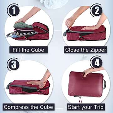 BAGAIL 5 Set/6 Set Ultralight Compression Packing Cubes Travel Accessories Expandable Packing Organizers(Burgundy 5Set Cloth Pattern)