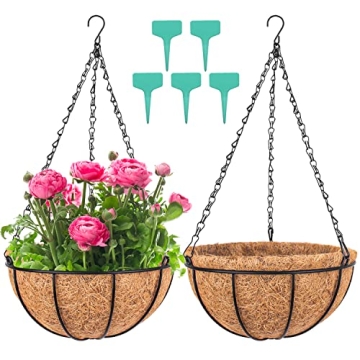 Wizdar 2PCS Metal Hanging Planters Basket with Coco Coir Liner 14 Inch Round Wire Plant Holder Porch...