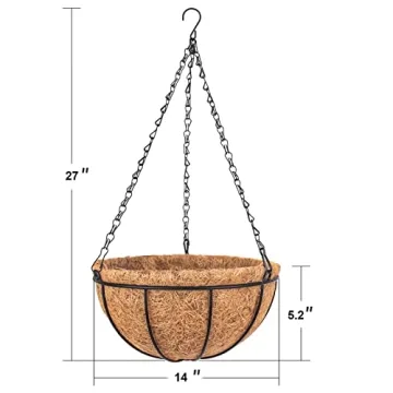Wizdar 2PCS Metal Hanging Planters Basket with Coco Coir Liner 14 Inch Round Wire Plant Holder Porch Decor Flower Pot Hanger Garden Decor Watering Hanging Baskets
