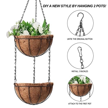 Wizdar 2PCS Metal Hanging Planters Basket with Coco Coir Liner 14 Inch Round Wire Plant Holder Porch Decor Flower Pot Hanger Garden Decor Watering Hanging Baskets