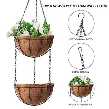 Wizdar 2PCS Metal Hanging Planters Basket with Coco Coir Liner 14 Inch Round Wire Plant Holder Porch Decor Flower Pot Hanger Garden Decor Watering Hanging Baskets
