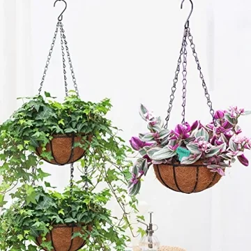 Wizdar 2PCS Metal Hanging Planters Basket with Coco Coir Liner 14 Inch Round Wire Plant Holder Porch Decor Flower Pot Hanger Garden Decor Watering Hanging Baskets