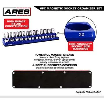 ARES 60058-6-Piece Magnetic Socket Organizers - Metric and SAE Set Blue and Red -1/4 in, 3/8 in, 1/2 in Socket Holders -143 Pieces of Standard (Shallow) and Deep Sockets -Organize Your Tool Box