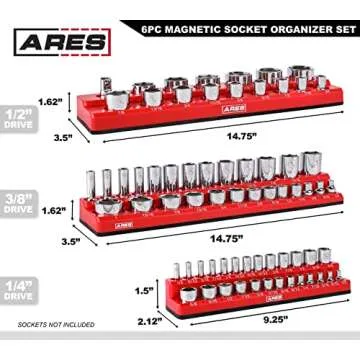 ARES 60058-6-Piece Magnetic Socket Organizers - Metric and SAE Set Blue and Red -1/4 in, 3/8 in, 1/2 in Socket Holders -143 Pieces of Standard (Shallow) and Deep Sockets -Organize Your Tool Box
