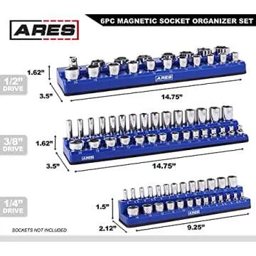 ARES 60058-6-Piece Magnetic Socket Organizers - Metric and SAE Set Blue and Red -1/4 in, 3/8 in, 1/2 in Socket Holders -143 Pieces of Standard (Shallow) and Deep Sockets -Organize Your Tool Box