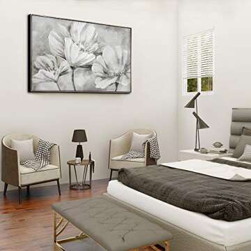 lamplig Large Grey Floral Wall Art Decor for Living Room Bedroom Modern Black and White Poppy Flower Hand Painted Oil Painting Big Framed Spring Pictures Gray Blossom Canvas Artwork 48"x32"