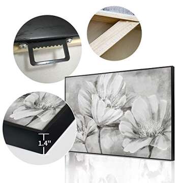 lamplig Large Grey Floral Wall Art Decor for Living Room Bedroom Modern Black and White Poppy Flower Hand Painted Oil Painting Big Framed Spring Pictures Gray Blossom Canvas Artwork 48"x32"