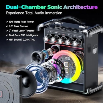 Karaoke Machine with 2 Wireless Mics for Adults Kids | Bluetooth 5.3 Speaker with Bass/Treble/Echo A...