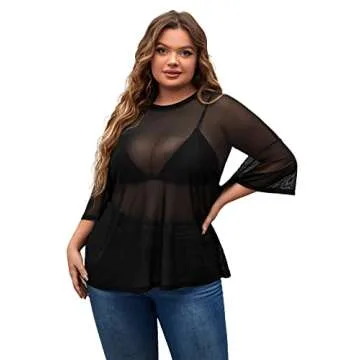 MakeMeChic Women's Plus Size Glitter Sheer Mesh Short Sleeve Tee Shirt Top Black Mesh 2XL