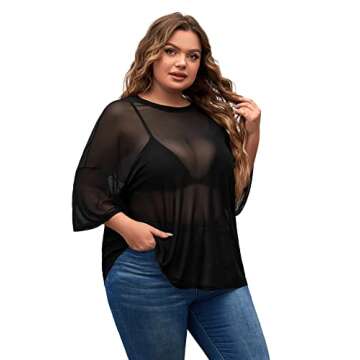 MakeMeChic Women's Plus Size Glitter Sheer Mesh Short Sleeve Tee Shirt Top Black Mesh 2XL