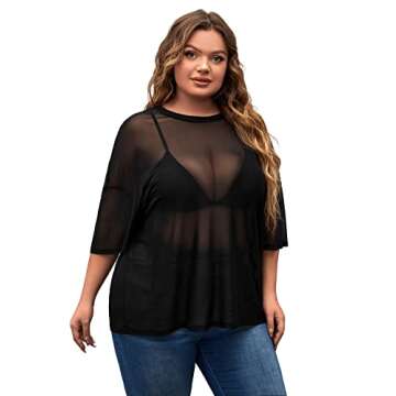 MakeMeChic Women's Plus Size Glitter Sheer Mesh Short Sleeve Tee Shirt Top Black Mesh 2XL