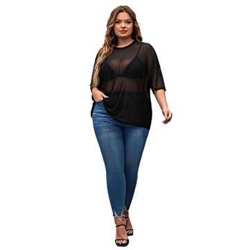 MakeMeChic Women's Plus Size Glitter Sheer Mesh Short Sleeve Tee Shirt Top Black Mesh 2XL
