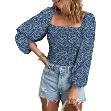 EVALESS Women's Fashion Spring Clothes Puff Sleeve Tops Trendy 2024 Cute Floral Blouses for Party Se...