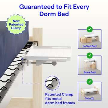 BedShelfie Bedside Shelf for College Dorm Room Bunk Bed & Top Bunk, College Dorm Room Essentials, Clip On Nightstand, Floating Bed Side Table Tray Organizer, Dorm Room Decor - DormEssential, White