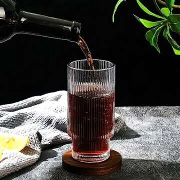 Vintage Ribbed Drinking Glasses Set with Straws