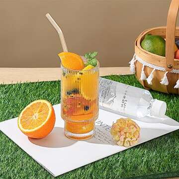 Vintage Ribbed Drinking Glasses Set with Straws