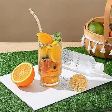 Vintage Ribbed Drinking Glasses Set with Straws