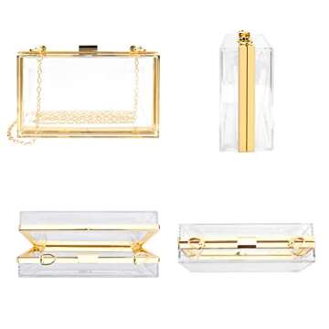 Women's Clear Purse, Acrylic Clear Clutch Bag, Transparent Stadium Approved Crossbody Shoulder Evening Handbag with Two Detachable Chains for Wedding, Party (Gold) (Fits Phones UP TO 6.5" Screen)